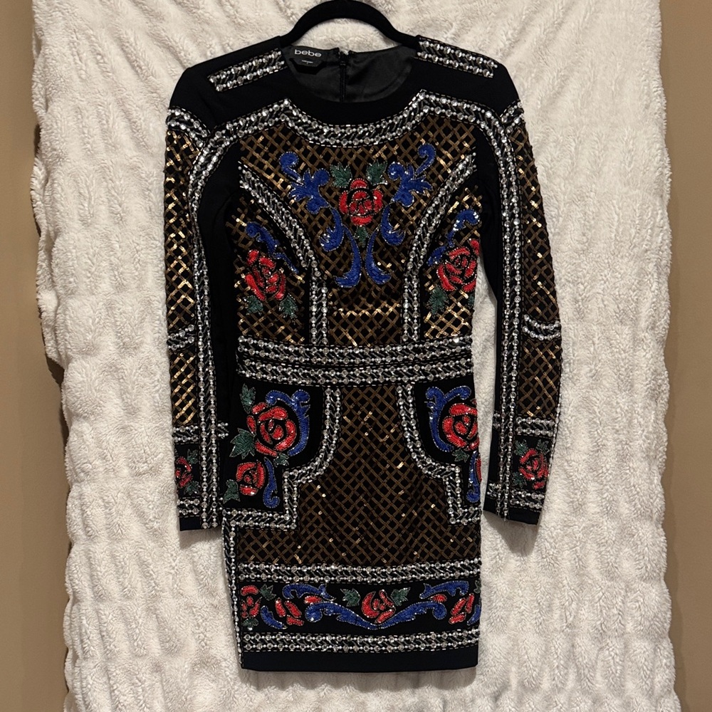 Bebe Black and Gold Embellished Long Sleeve Dress